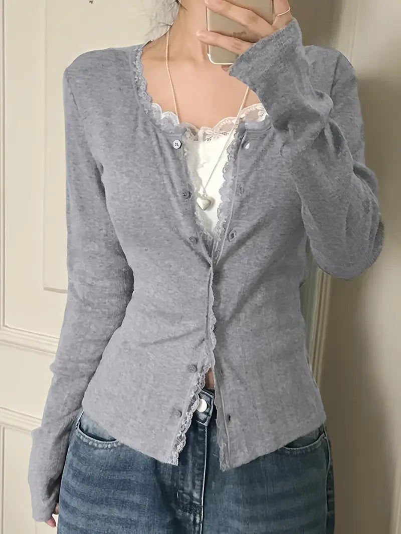 Women'S Lightweight Lace Trim Cardigan - Button-Up Long Sleeve Round Neck Jacket, Soft Spring Summer Fall Layering Piece for Casual or Dressy Outfits, Lace Cardigan