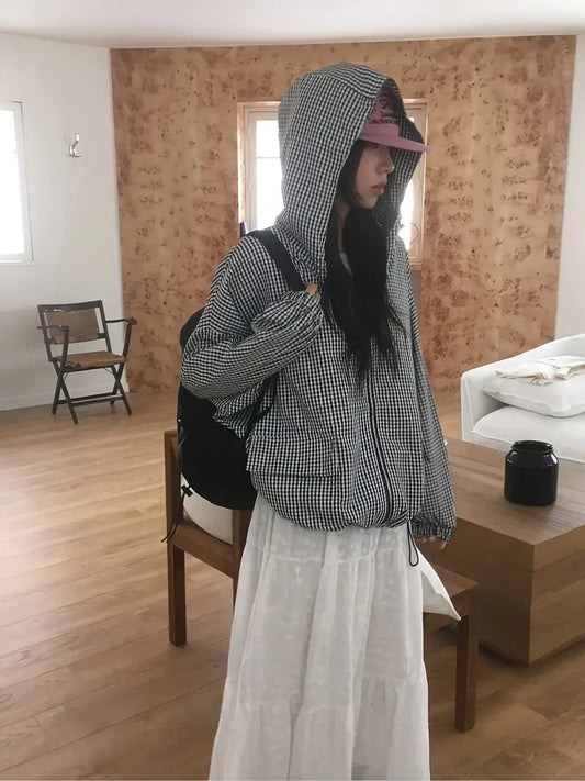Women'S Lightweight Plaid Hooded Jacket - Casual Chic Long Sleeve Zipper Front Coat with Pockets, Black & White Checkered Pattern, Perfect for Fall/Winter Outings, Fall Winter Apparel | Checkered Pattern Jacket | Zippered Jacket