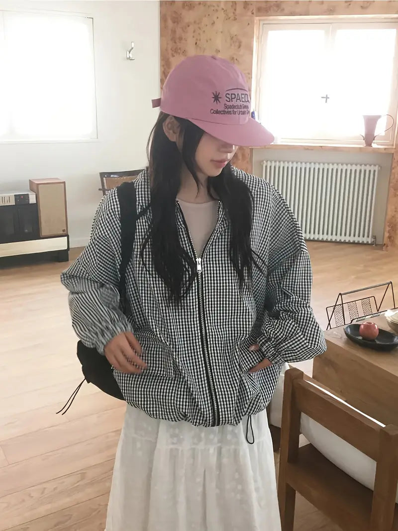 Women'S Lightweight Plaid Hooded Jacket - Casual Chic Long Sleeve Zipper Front Coat with Pockets, Black & White Checkered Pattern, Perfect for Fall/Winter Outings, Fall Winter Apparel | Checkered Pattern Jacket | Zippered Jacket