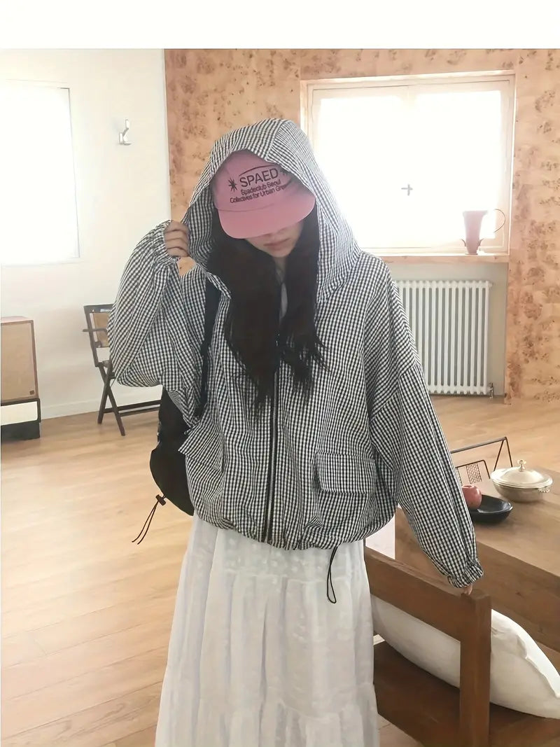 Women'S Lightweight Plaid Hooded Jacket - Casual Chic Long Sleeve Zipper Front Coat with Pockets, Black & White Checkered Pattern, Perfect for Fall/Winter Outings, Fall Winter Apparel | Checkered Pattern Jacket | Zippered Jacket