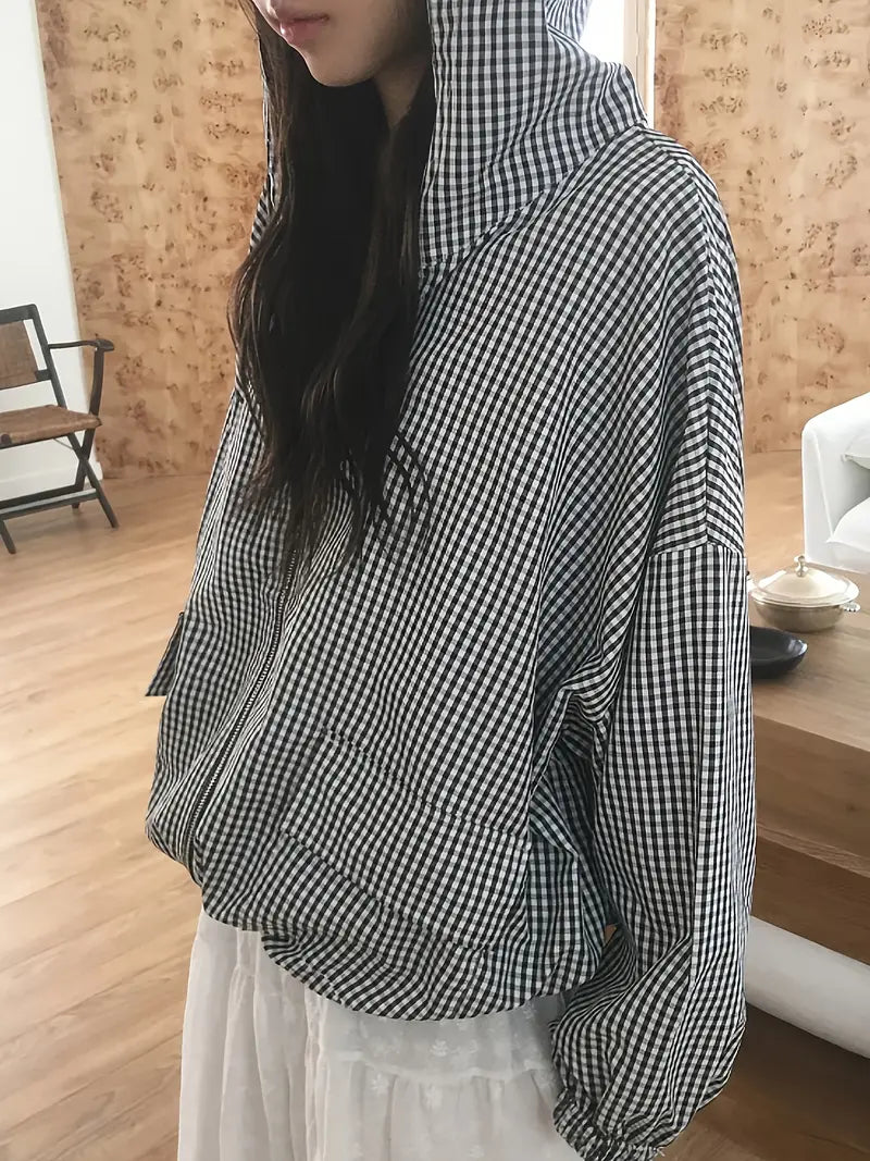 Women'S Lightweight Plaid Hooded Jacket - Casual Chic Long Sleeve Zipper Front Coat with Pockets, Black & White Checkered Pattern, Perfect for Fall/Winter Outings, Fall Winter Apparel | Checkered Pattern Jacket | Zippered Jacket