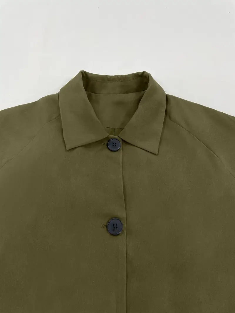Women's Casual Olive Green Trench Coat - H-Silhouette Single-Breasted Windbreaker with Pockets, Machine Washable Lightweight Jacket for Fall & Winter, Windbreaker Jacket