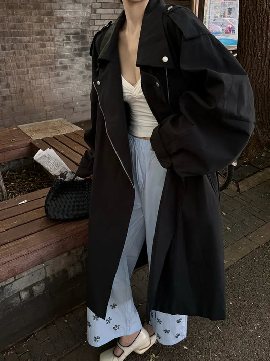 Women's British-Inspired Long Trench Coat with Classic Collar & Adjustable Waist Tie Belt - Loose Fit Fall Outerwear, Zipper Closure, Machine Washable Solid Color Casual Coat