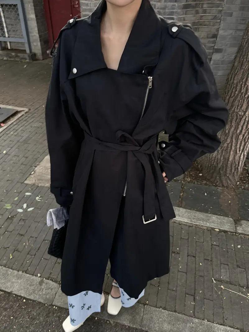 Women's British-Inspired Long Trench Coat with Classic Collar & Adjustable Waist Tie Belt - Loose Fit Fall Outerwear, Zipper Closure, Machine Washable Solid Color Casual Coat