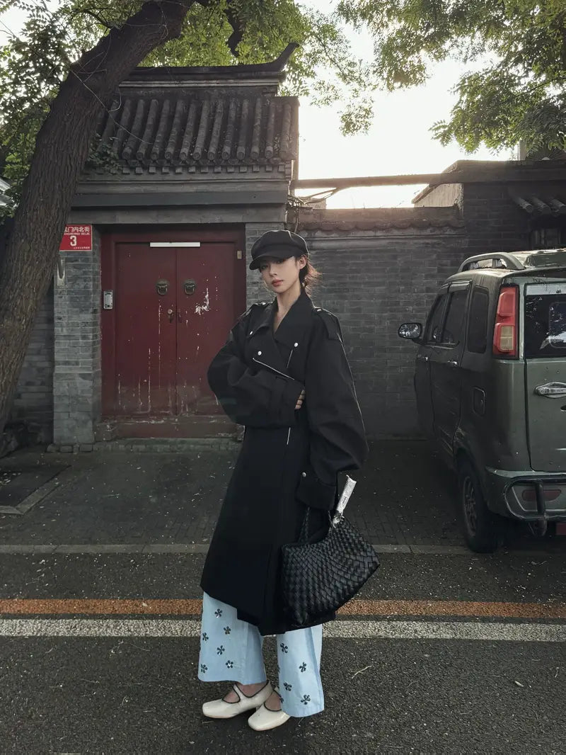 Women's British-Inspired Long Trench Coat with Classic Collar & Adjustable Waist Tie Belt - Loose Fit Fall Outerwear, Zipper Closure, Machine Washable Solid Color Casual Coat