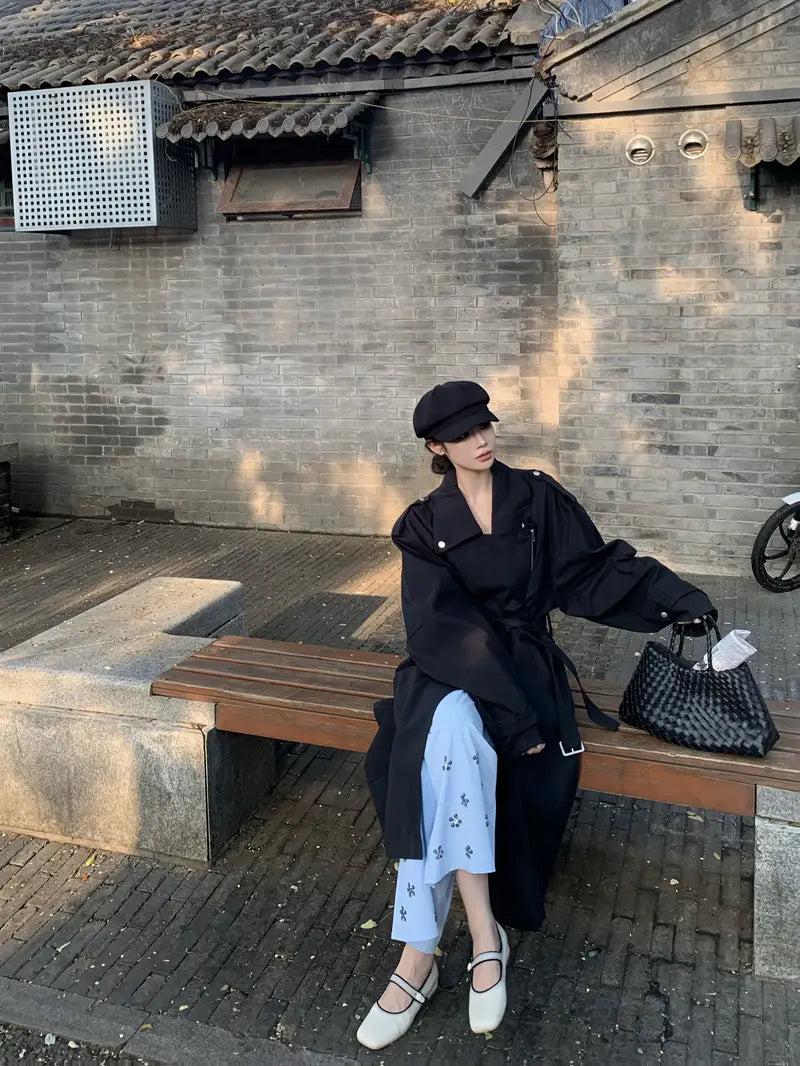 Women's British-Inspired Long Trench Coat with Classic Collar & Adjustable Waist Tie Belt - Loose Fit Fall Outerwear, Zipper Closure, Machine Washable Solid Color Casual Coat
