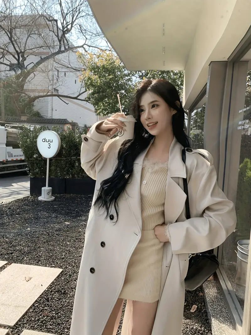 [White Windbreaker] Chic & Versatile Women's Double-Breasted Windbreaker Coat | Loose Fit H-Silhouette with Pockets, Machine Washable, Casual Outerwear for Spring/Fall 2025