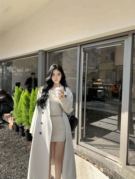 [White Windbreaker] Chic & Versatile Women's Double-Breasted Windbreaker Coat | Loose Fit H-Silhouette with Pockets, Machine Washable, Casual Outerwear for Spring/Fall 2025