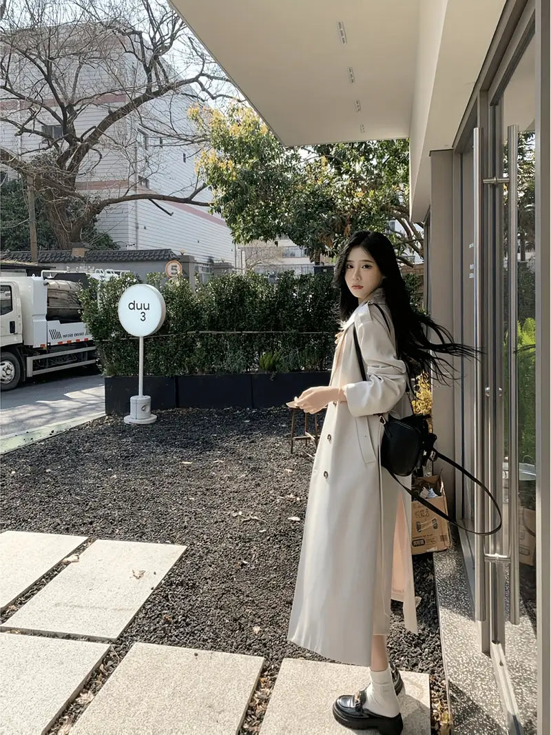 [White Windbreaker] Chic & Versatile Women's Double-Breasted Windbreaker Coat | Loose Fit H-Silhouette with Pockets, Machine Washable, Casual Outerwear for Spring/Fall 2025