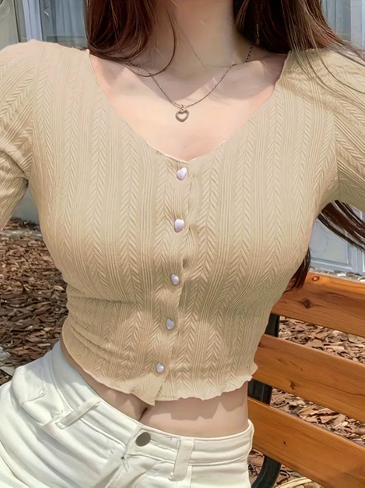 Women's Slim Fit V-Neck Cable Long Sleeve Sweater - Soft Beige All-Season Elegant Pullover, Hand Wash/Dry Clean, Versatile Casual to Formal Wear, Sweater, Formal Attire, Textured Pattern, Quality Craftsmanship