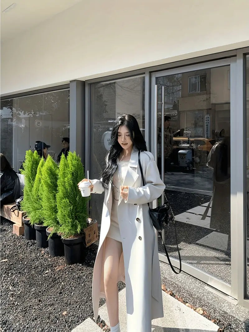 [White Windbreaker] Chic & Versatile Women's Double-Breasted Windbreaker Coat | Loose Fit H-Silhouette with Pockets, Machine Washable, Casual Outerwear for Spring/Fall 2025