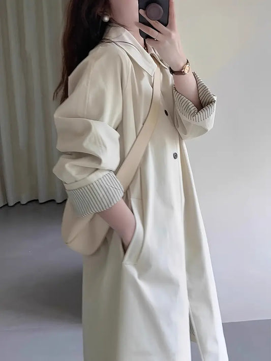 Women'S Mid-Length Trench Coat for Spring And Autumn 2025, Stylish And Perfect for Petite Figures, Featuring a Loose Fit And a High-End Feel, Inspired by Korean Fashion.