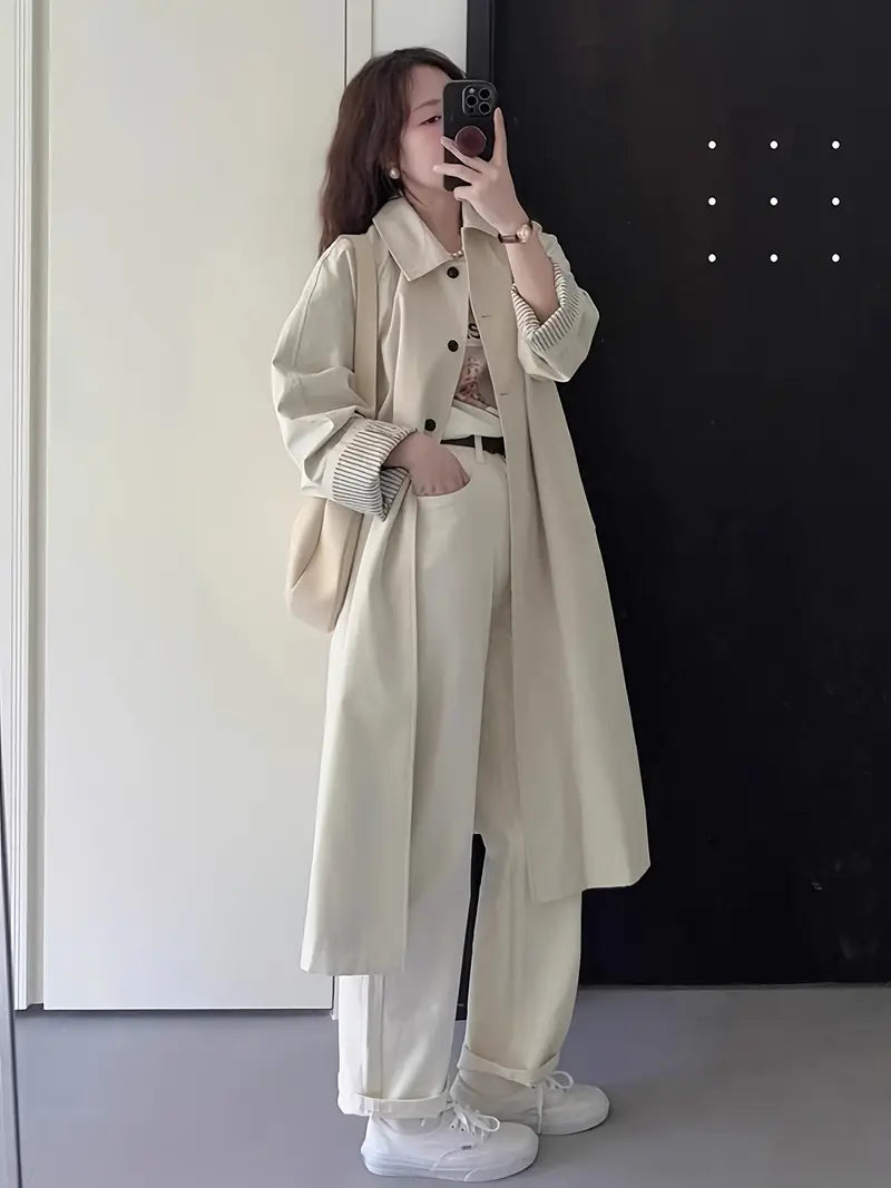 Women'S Mid-Length Trench Coat for Spring And Autumn 2025, Stylish And Perfect for Petite Figures, Featuring a Loose Fit And a High-End Feel, Inspired by Korean Fashion.