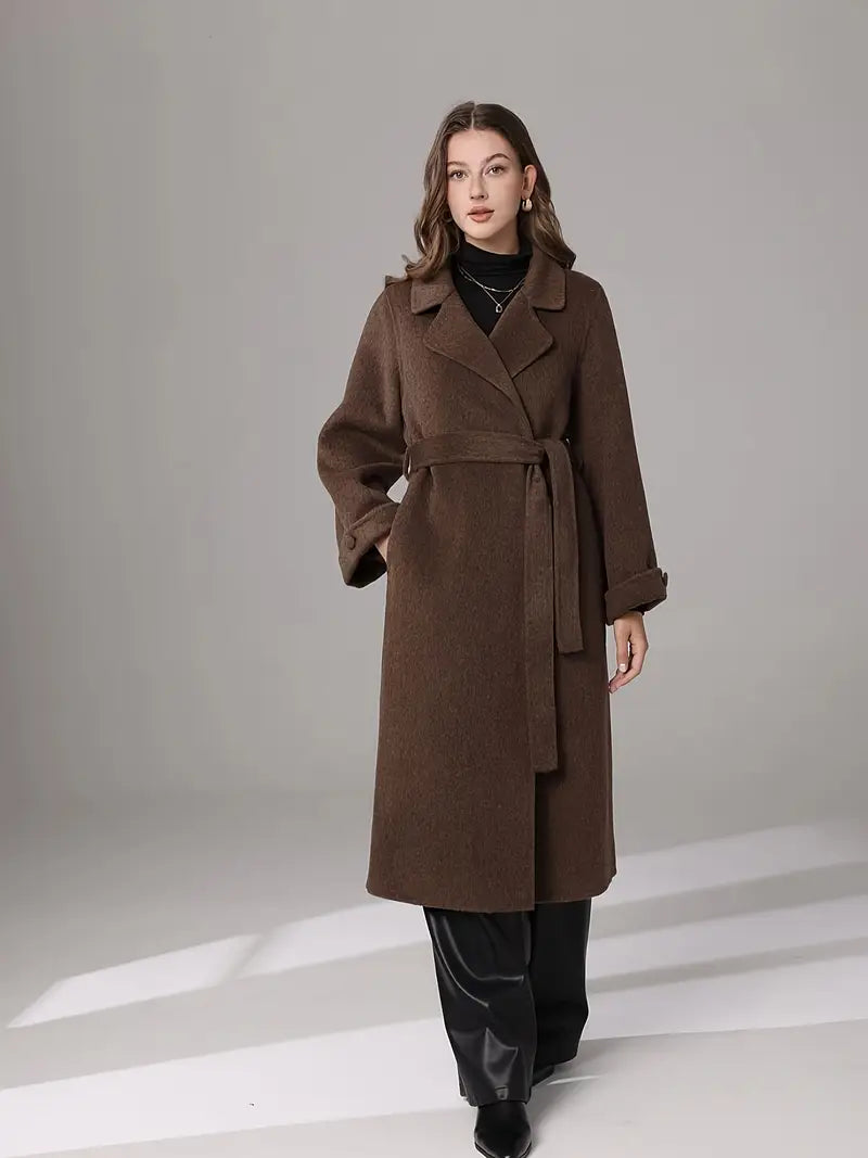 Women's Elegant Brown Winter Coat - Loose Fit Long Sleeve Trench Coat with Notch Lapel & Bow Detail, Dry Clean Only, Versatile Fall Winter Outerwear, Formal Cold Wear, Classic Trench Style