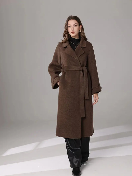 Women's Elegant Brown Winter Coat - Loose Fit Long Sleeve Trench Coat with Notch Lapel & Bow Detail, Dry Clean Only, Versatile Fall Winter Outerwear, Formal Cold Wear, Classic Trench Style