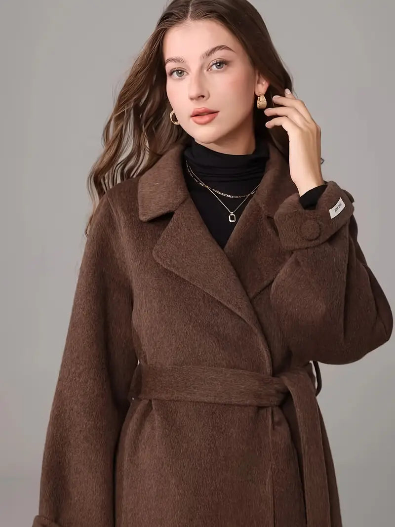 Women's Elegant Brown Winter Coat - Loose Fit Long Sleeve Trench Coat with Notch Lapel & Bow Detail, Dry Clean Only, Versatile Fall Winter Outerwear, Formal Cold Wear, Classic Trench Style