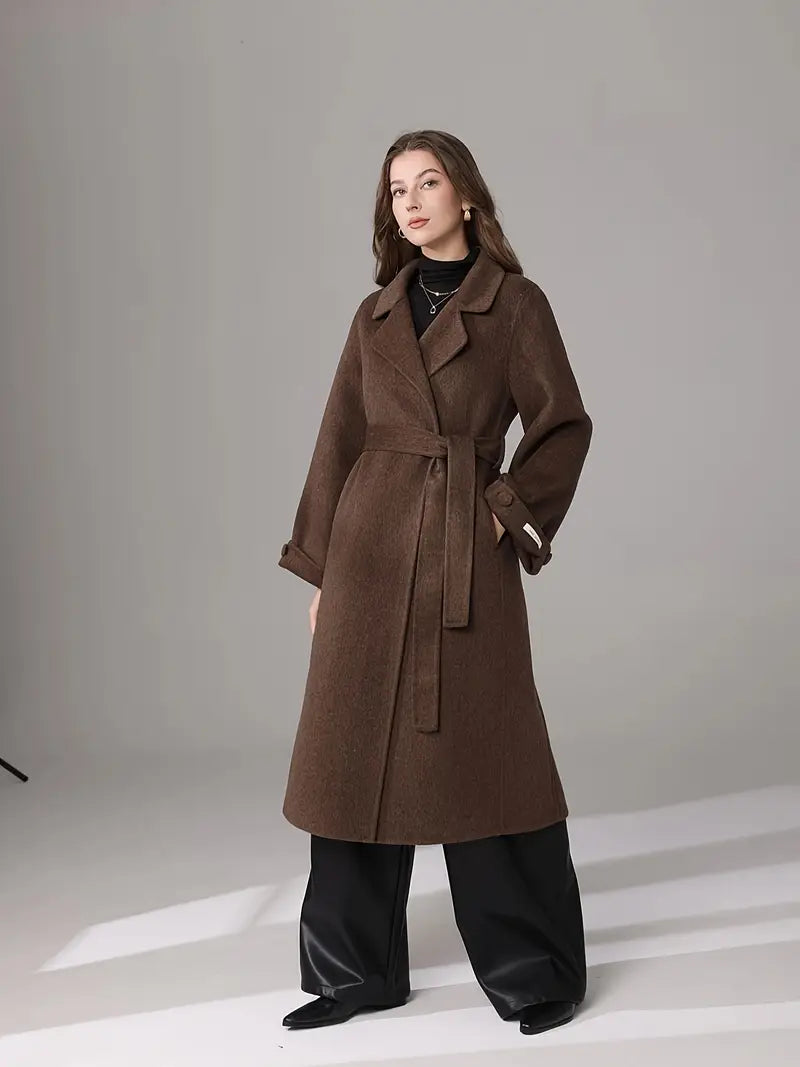 Women's Elegant Brown Winter Coat - Loose Fit Long Sleeve Trench Coat with Notch Lapel & Bow Detail, Dry Clean Only, Versatile Fall Winter Outerwear, Formal Cold Wear, Classic Trench Style