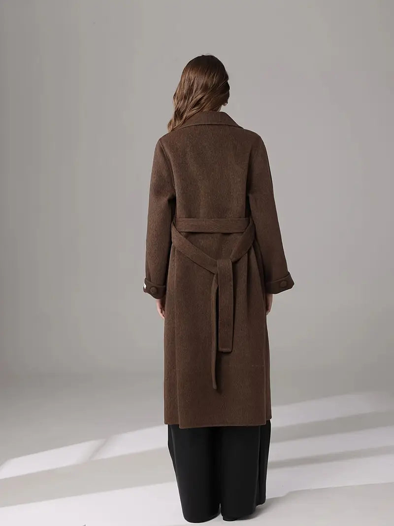 Women's Elegant Brown Winter Coat - Loose Fit Long Sleeve Trench Coat with Notch Lapel & Bow Detail, Dry Clean Only, Versatile Fall Winter Outerwear, Formal Cold Wear, Classic Trench Style