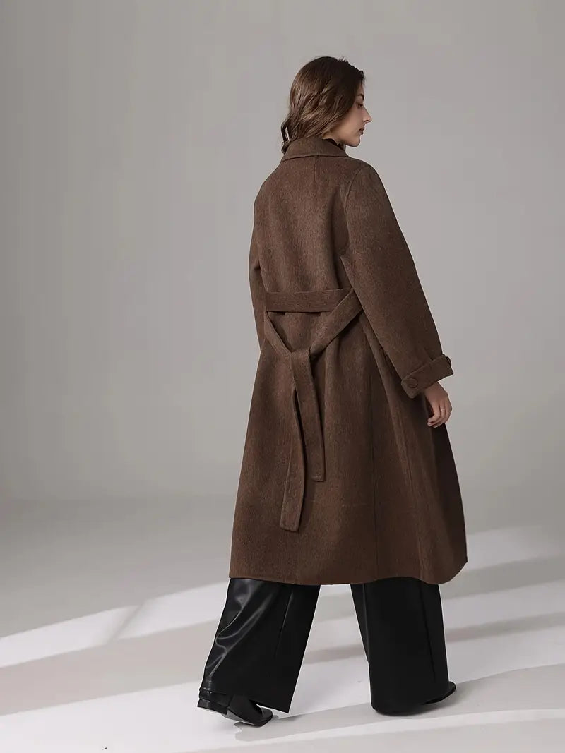 Women's Elegant Brown Winter Coat - Loose Fit Long Sleeve Trench Coat with Notch Lapel & Bow Detail, Dry Clean Only, Versatile Fall Winter Outerwear, Formal Cold Wear, Classic Trench Style