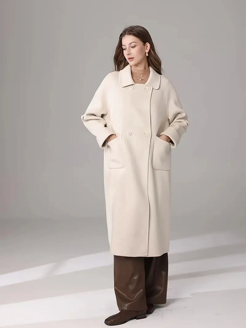Elegant White Long Coat for Women - Chic Long Sleeve, Button-Up, Flap Pockets, Polyester Blend, Perfect for Fall/Winter Fashion, Stylish Outerwear | Chic Long Coat | Polyester Blend Coat