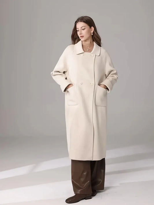 Elegant White Long Coat for Women - Chic Long Sleeve, Button-Up, Flap Pockets, Polyester Blend, Perfect for Fall/Winter Fashion, Stylish Outerwear | Chic Long Coat | Polyester Blend Coat