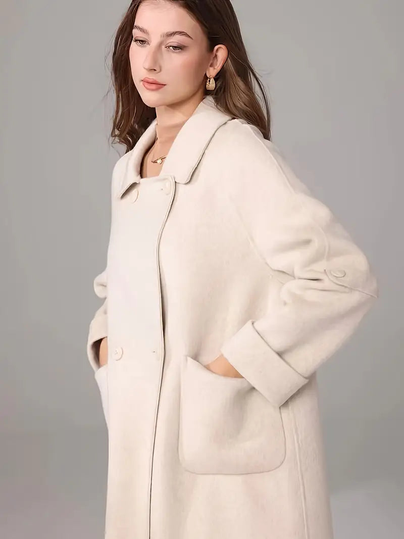 Elegant White Long Coat for Women - Chic Long Sleeve, Button-Up, Flap Pockets, Polyester Blend, Perfect for Fall/Winter Fashion, Stylish Outerwear | Chic Long Coat | Polyester Blend Coat