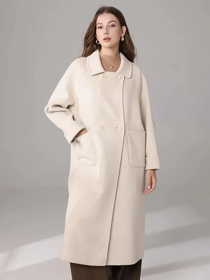 Elegant White Long Coat for Women - Chic Long Sleeve, Button-Up, Flap Pockets, Polyester Blend, Perfect for Fall/Winter Fashion, Stylish Outerwear | Chic Long Coat | Polyester Blend Coat