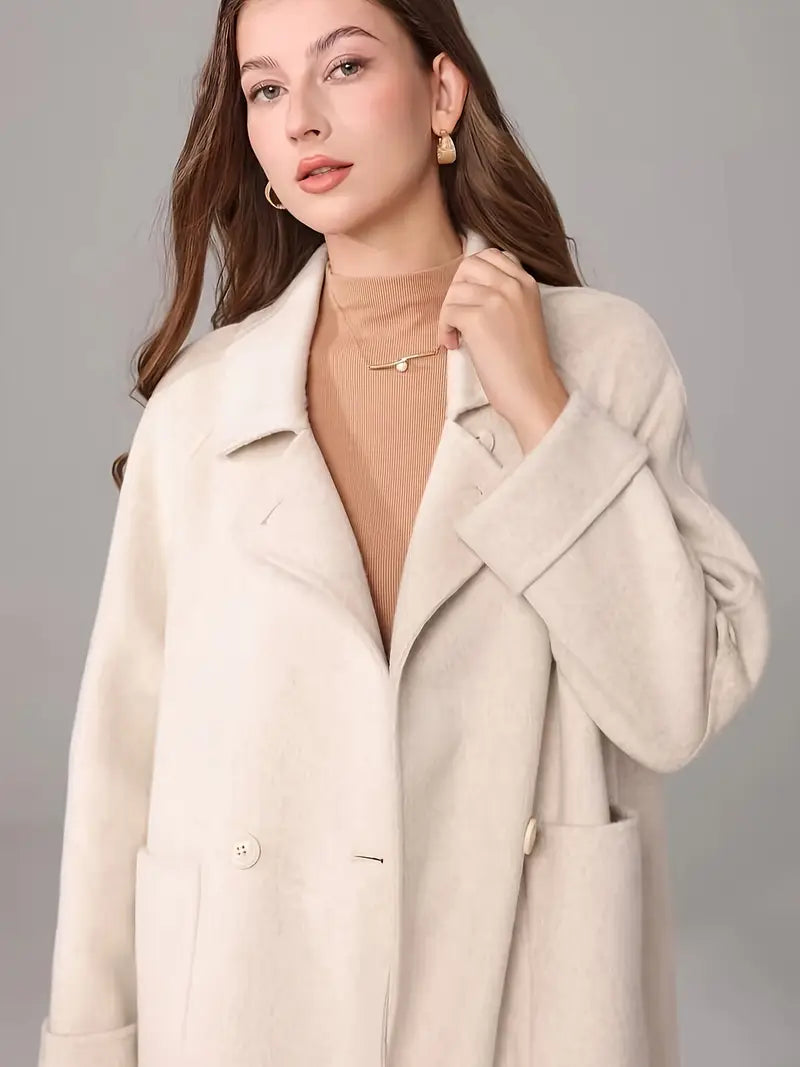 Elegant White Long Coat for Women - Chic Long Sleeve, Button-Up, Flap Pockets, Polyester Blend, Perfect for Fall/Winter Fashion, Stylish Outerwear | Chic Long Coat | Polyester Blend Coat