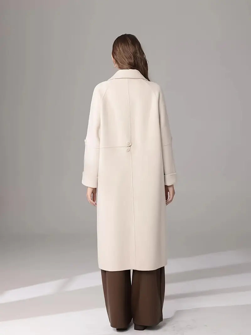 Elegant White Long Coat for Women - Chic Long Sleeve, Button-Up, Flap Pockets, Polyester Blend, Perfect for Fall/Winter Fashion, Stylish Outerwear | Chic Long Coat | Polyester Blend Coat
