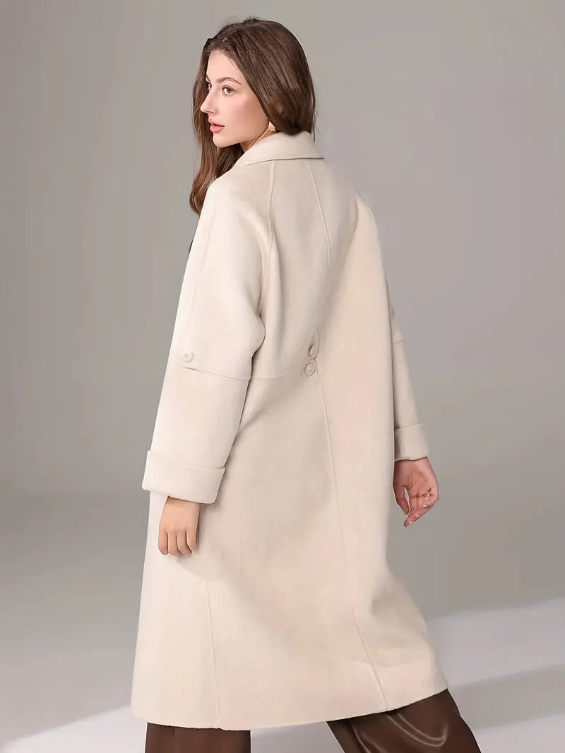 Elegant White Long Coat for Women - Chic Long Sleeve, Button-Up, Flap Pockets, Polyester Blend, Perfect for Fall/Winter Fashion, Stylish Outerwear | Chic Long Coat | Polyester Blend Coat