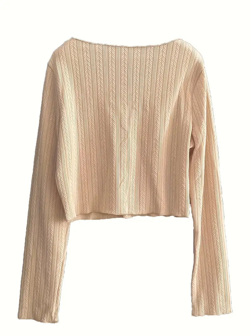Women's Slim Fit V-Neck Cable Long Sleeve Sweater - Soft Beige All-Season Elegant Pullover, Hand Wash/Dry Clean, Versatile Casual to Formal Wear, Sweater, Formal Attire, Textured Pattern, Quality Craftsmanship