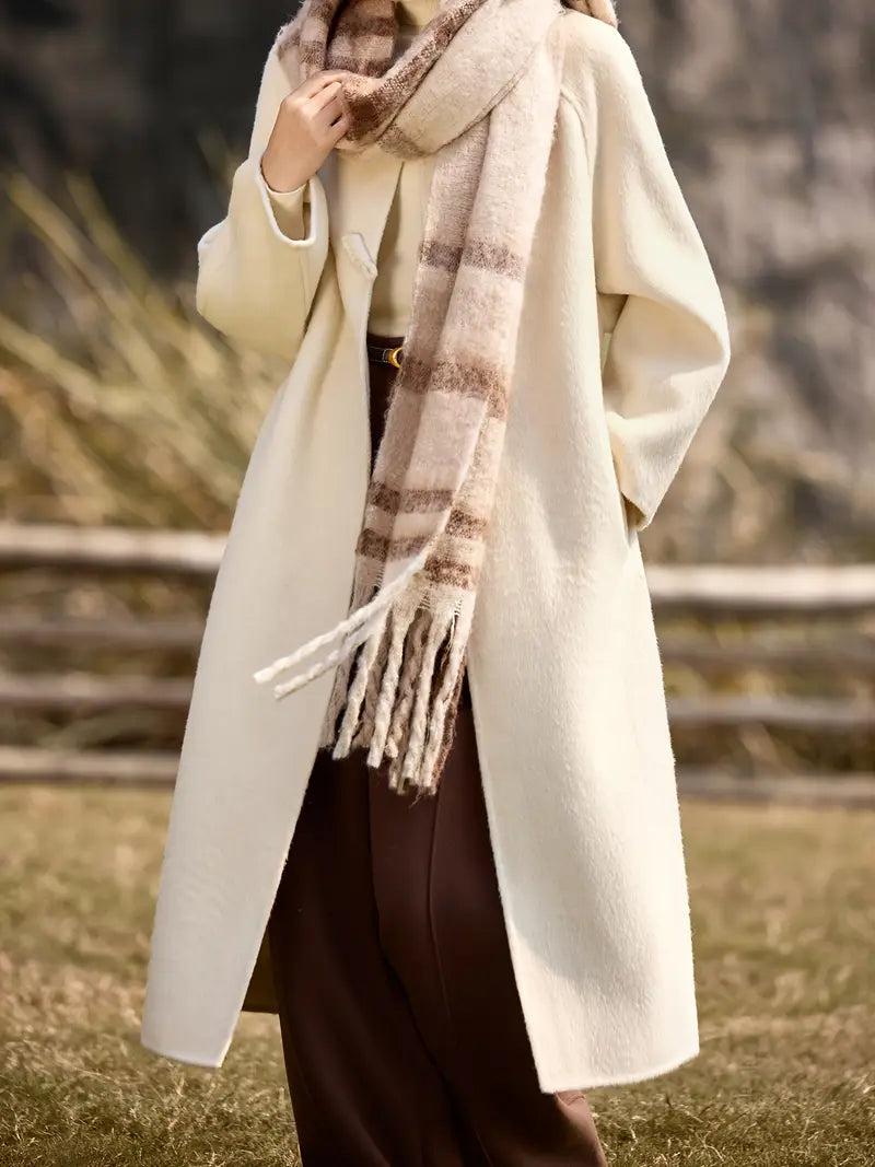 Women's Winter Tweed Coat - Long Alpaca Coat with Pockets, H-Silhouette Regular Fit, Dry Clean Only Elegant Outerwear