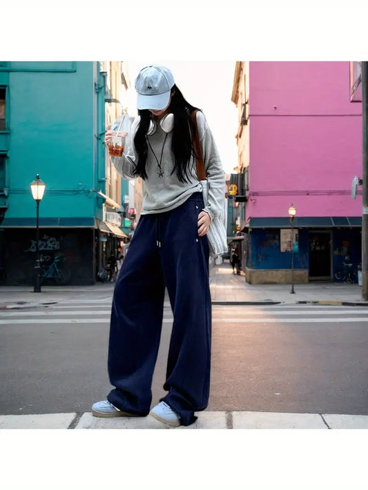 Women's High-Waisted Wide-Leg Pants - Non-Stretchy Fabric Winter Trousers, Drawstring Waist for Fit