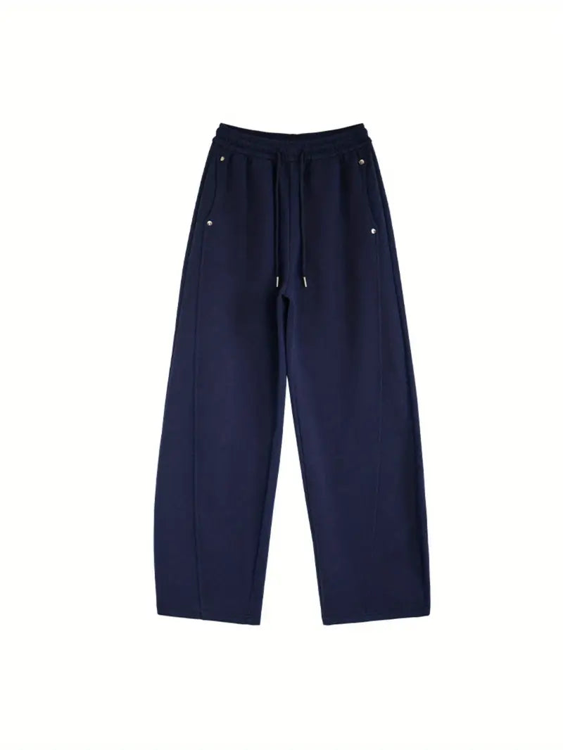Women's High-Waisted Wide-Leg Pants - Non-Stretchy Fabric Winter Trousers, Drawstring Waist for Fit