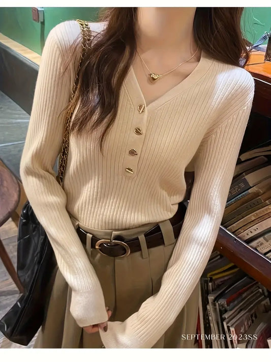 Women'S Soft Sweater - Elegant V-Neck Long Sleeve Blouse, Chic Office & Party Tops, Fall/Winter Layering Essential in Beige/Neutral Tones