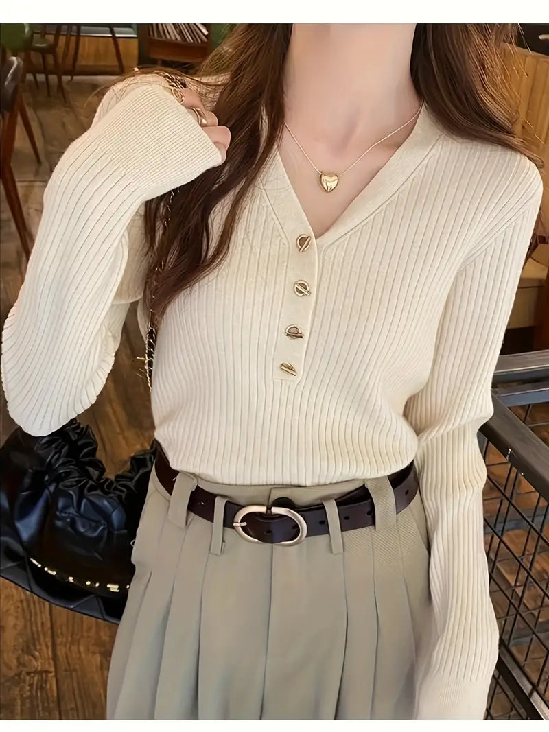 Women'S Soft Sweater - Elegant V-Neck Long Sleeve Blouse, Chic Office & Party Tops, Fall/Winter Layering Essential in Beige/Neutral Tones