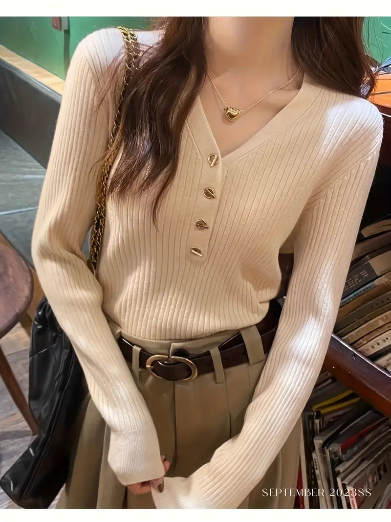 Women'S Soft Sweater - Elegant V-Neck Long Sleeve Blouse, Chic Office & Party Tops, Fall/Winter Layering Essential in Beige/Neutral Tones