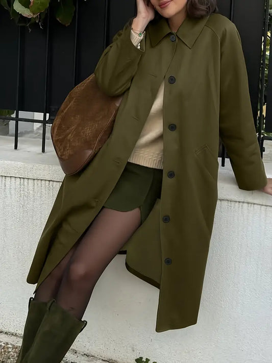 Women's Casual Olive Green Trench Coat - H-Silhouette Single-Breasted Windbreaker with Pockets, Machine Washable Lightweight Jacket for Fall & Winter, Windbreaker Jacket