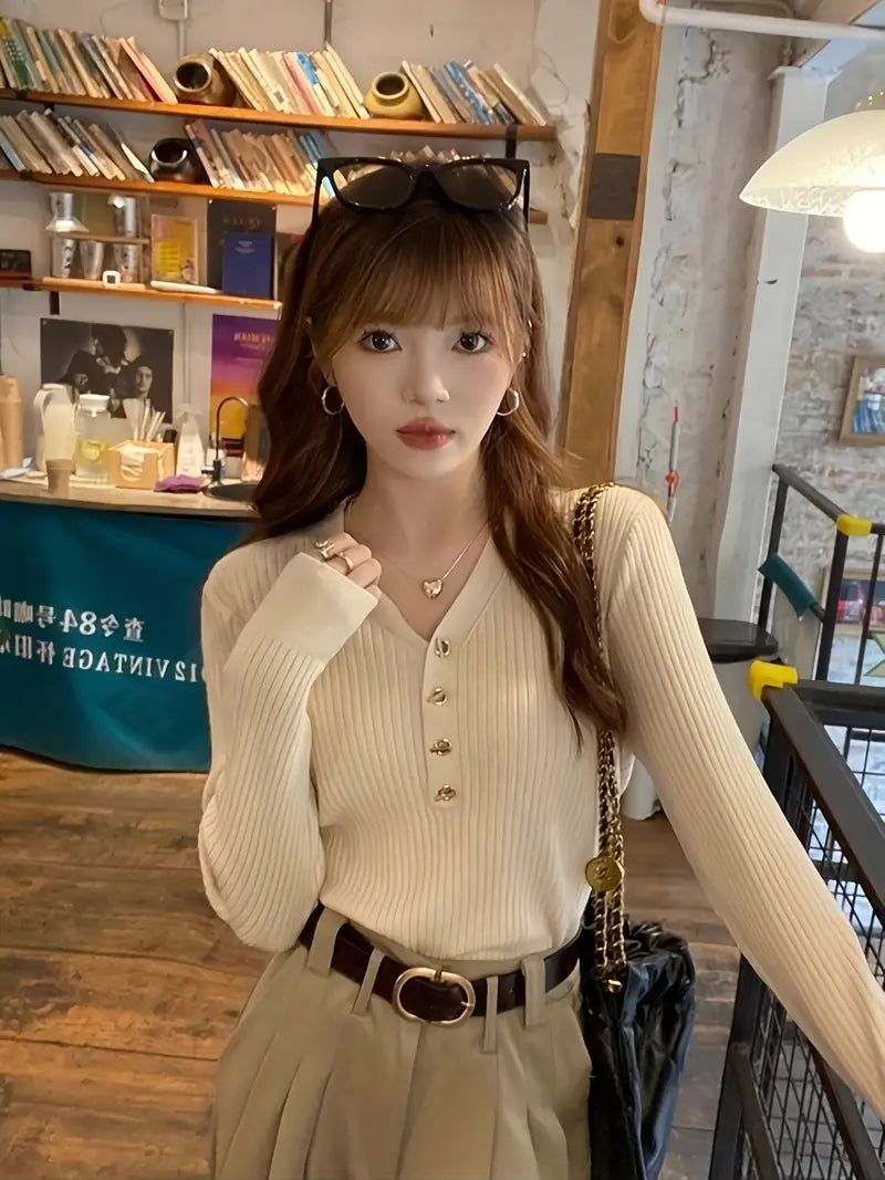 Women'S Soft Sweater - Elegant V-Neck Long Sleeve Blouse, Chic Office & Party Tops, Fall/Winter Layering Essential in Beige/Neutral Tones