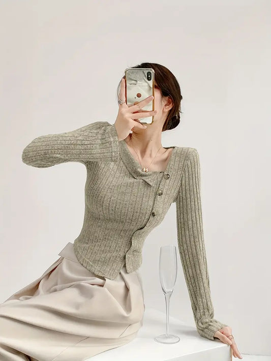 Women's Elegant French-Inspired Long Sleeve Top with Irregular Asymmetrical Neckline & Decorative Buttons - Solid Color All-Season Machine Washable Versatile Layering Piece, Casual Chic Wear, Quality Craftsmanship