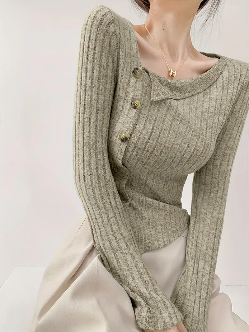 Women's Elegant French-Inspired Long Sleeve Top with Irregular Asymmetrical Neckline & Decorative Buttons - Solid Color All-Season Machine Washable Versatile Layering Piece, Casual Chic Wear, Quality Craftsmanship