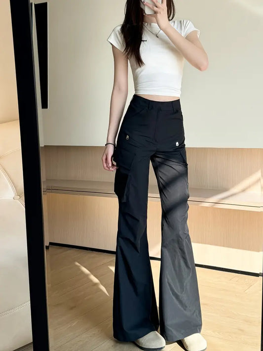 American style work pants, European and American style, Women's spring and summer slim-fit straight-leg wide-leg high-waisted slightly flared casual long trend.