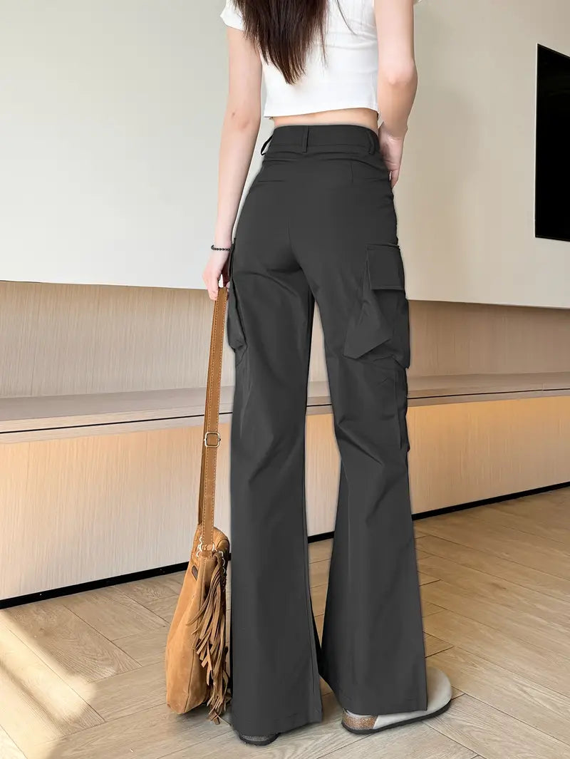 American style work pants, European and American style, Women's spring and summer slim-fit straight-leg wide-leg high-waisted slightly flared casual long trend.