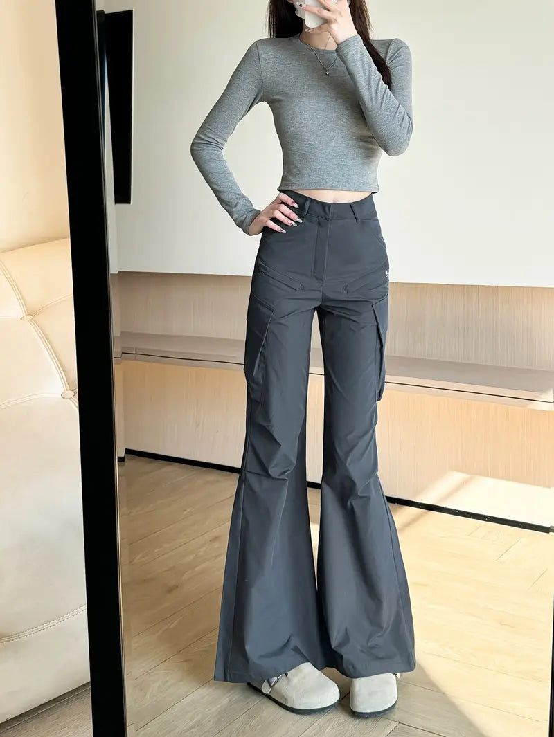 American style work pants, European and American style, Women's spring and summer slim-fit straight-leg wide-leg high-waisted slightly flared casual long trend.