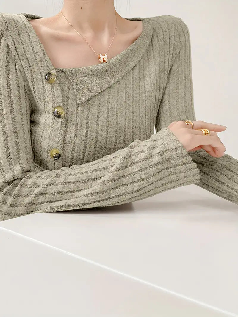 Women's Elegant French-Inspired Long Sleeve Top with Irregular Asymmetrical Neckline & Decorative Buttons - Solid Color All-Season Machine Washable Versatile Layering Piece, Casual Chic Wear, Quality Craftsmanship
