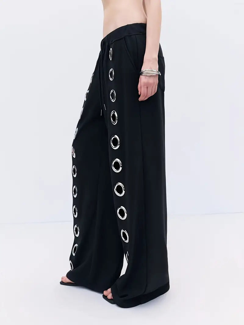 2025 Hot Women's Metal Ring Wide-Leg Pants, New 2025 Trendy Loose Drape Style Versatile Halloween Dark Gothic Streetwear Party Outfit
