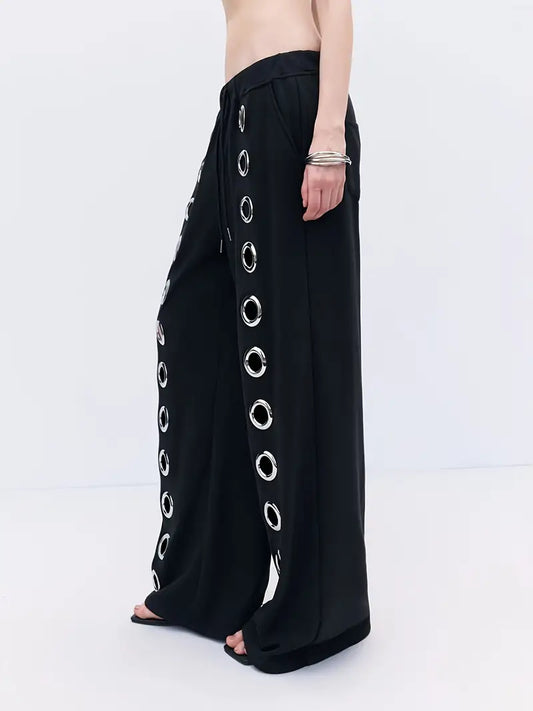 2025 Hot Women's Metal Ring Wide-Leg Pants, New 2025 Trendy Loose Drape Style Versatile Halloween Dark Gothic Streetwear Party Outfit