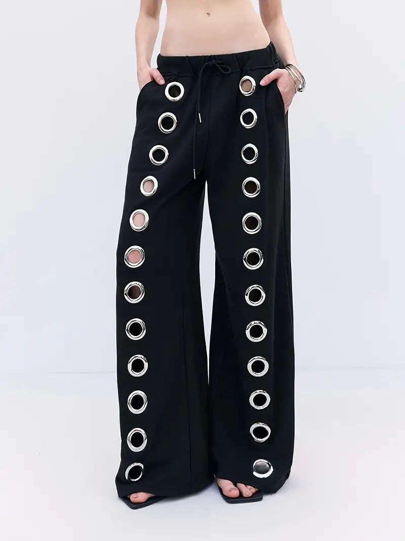 2025 Hot Women's Metal Ring Wide-Leg Pants, New 2025 Trendy Loose Drape Style Versatile Halloween Dark Gothic Streetwear Party Outfit
