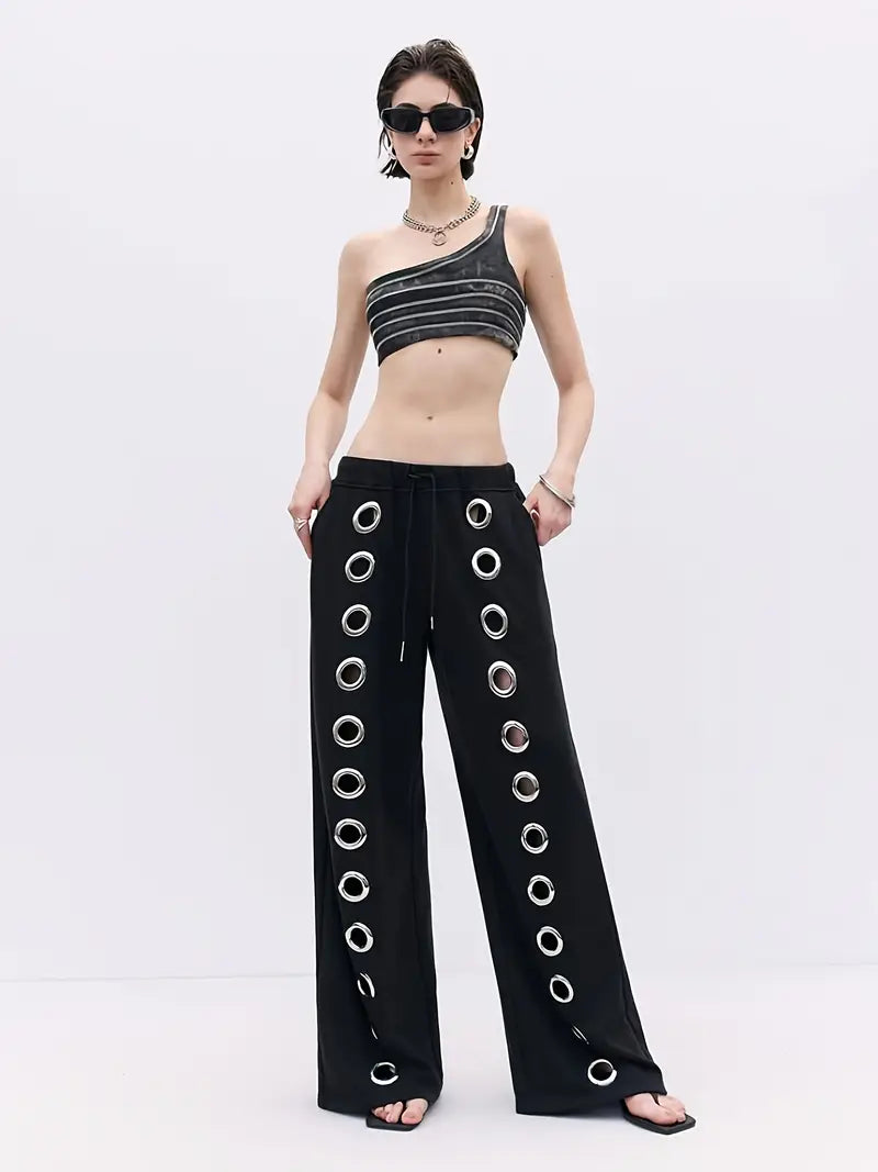 2025 Hot Women's Metal Ring Wide-Leg Pants, New 2025 Trendy Loose Drape Style Versatile Halloween Dark Gothic Streetwear Party Outfit