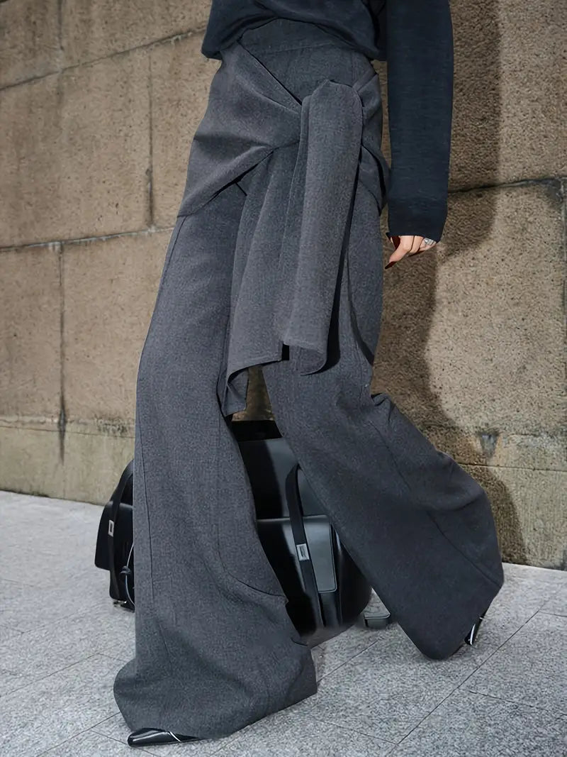 Women's Elegant Casual Wide-Leg Pants with Adjustable Waist Tie - 100% Polyester Machine-Washable Tummy-Control Trousers for Spring/Summer, Office, Commute & Shopping - Solid Color Non-Stretch Long Pants